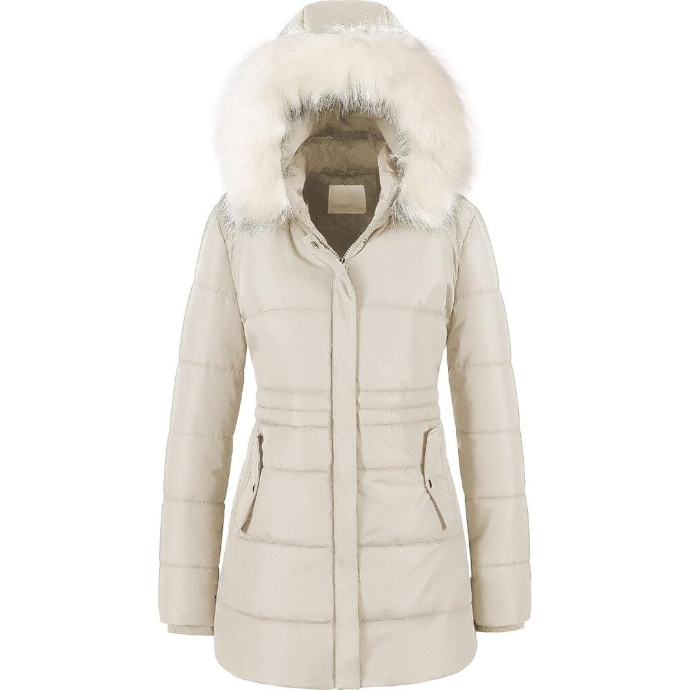 Women's Beige Removable Faux Fur Trim Waterproof Long Hood Puffer Jacket Coats